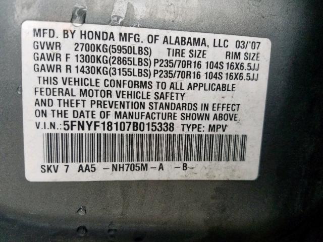 5FNYF18107B015338 - 2007 HONDA PILOT LX GRAY photo 10