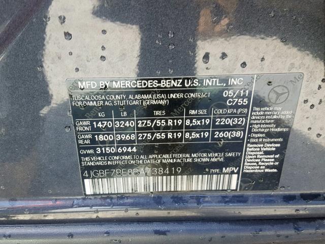 4JGBF7BE8BA738419 - 2011 MERCEDES-BENZ GL 450 4MA BLUE photo 10