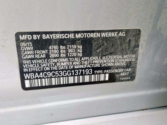 WBA4C9C53GG137193 - 2016 BMW 428 XI SILVER photo 10