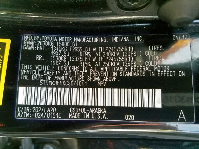 5TDYK3EHXCS074041 - 2012 TOYOTA HIGHLANDER GRAY photo 10