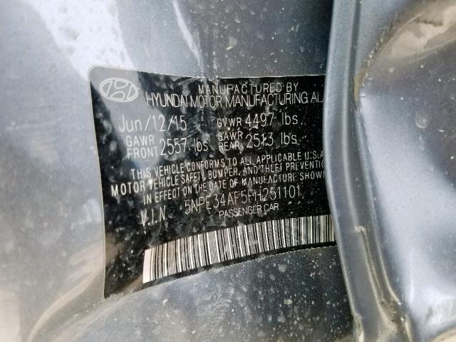 5NPE34AF5FH251101 - 2015 HYUNDAI SONATA SPO GRAY photo 10