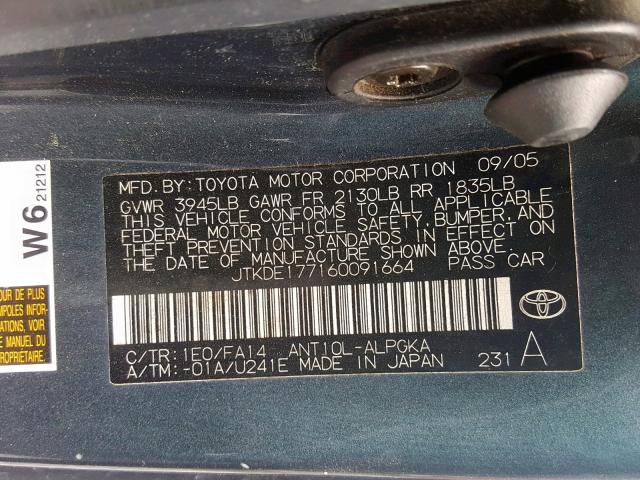 JTKDE177160091664 - 2006 TOYOTA SCION TC ლურჯი ფოტო 10