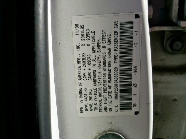 1HGCP26819A066020 - 2009 HONDA ACCORD EXL WHITE photo 10