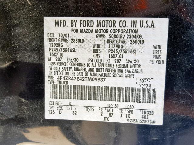 4F4ZR47E42TM09987 - 2002 MAZDA B4000 CAB BLUE photo 10