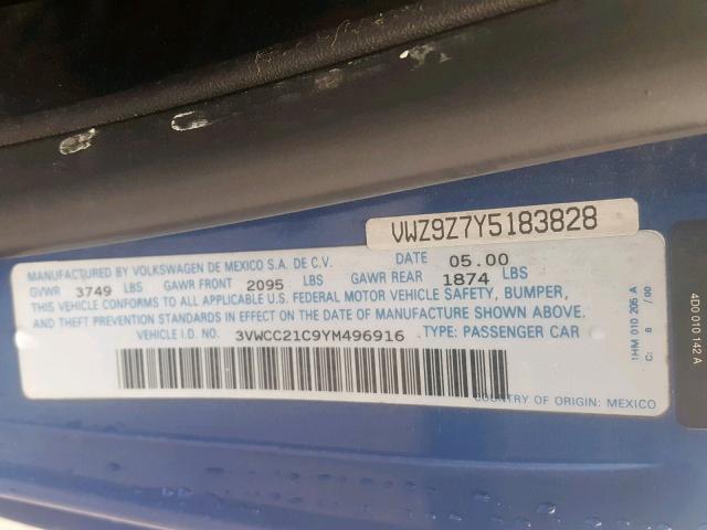 3VWCC21C9YM496916 - 2000 VOLKSWAGEN NEW BEETLE ლურჯი ფოტო 10