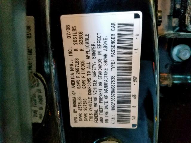 1HGCP36878A087538 - 2008 HONDA ACCORD EXL BLACK photo 10