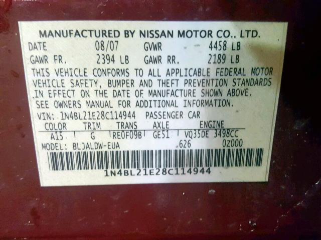 1N4BL21E28C114944 - 2008 NISSAN ALTIMA 3.5 RED photo 10