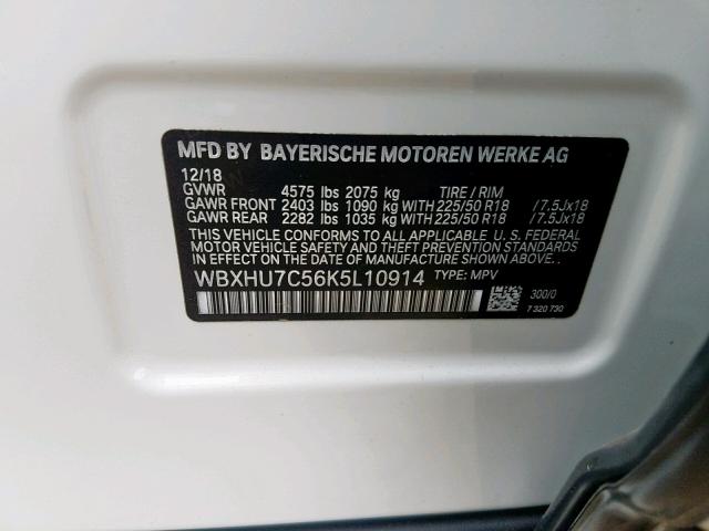 WBXHU7C56K5L10914 - 2019 BMW X1 SDRIVE2 WHITE photo 10