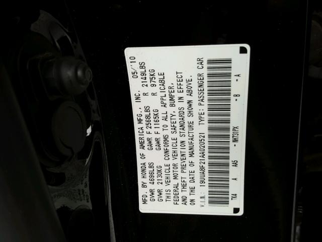 19UUA8F21AA020521 - 2010 ACURA TL BLACK photo 10