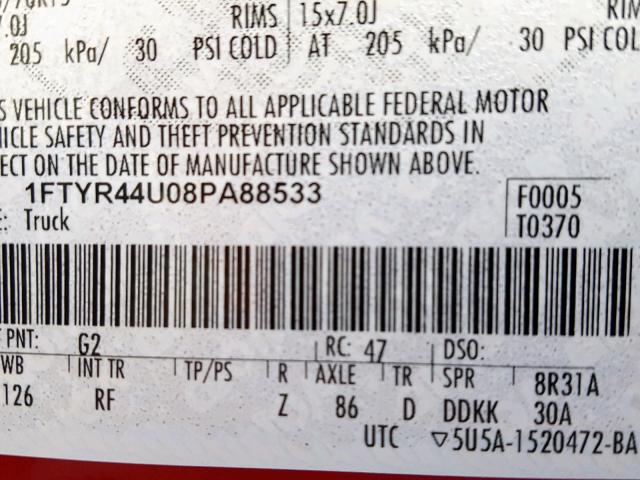 1FTYR44U08PA88533 - 2008 FORD RANGER SUP RED photo 10