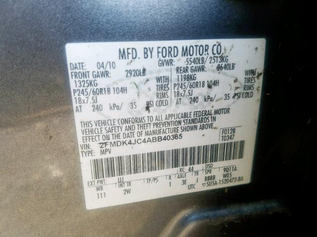 2FMDK4JC4ABB40365 - 2010 FORD EDGE SEL GRAY photo 10