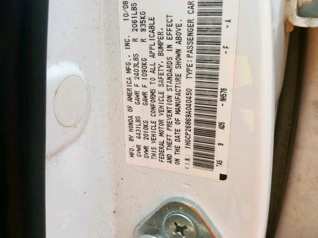 1HGCP26869A040450 - 2009 HONDA ACCORD EXL WHITE photo 10