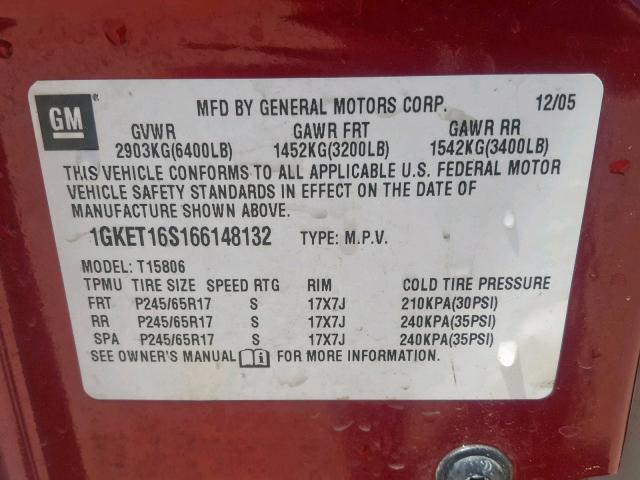 1GKET16S166148132 - 2006 GMC ENVOY XL RED photo 10