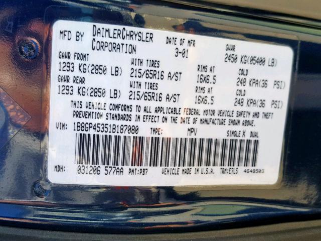 1B8GP45351B187080 - 2001 DODGE CARAVAN SP BLUE photo 10