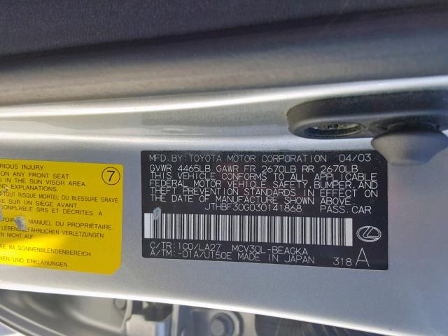 JTHBF30G030141868 - 2003 LEXUS ES 300 SILVER photo 10