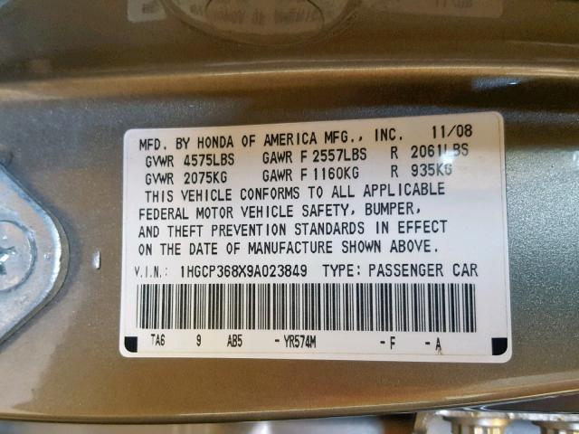 1HGCP368X9A023849 - 2009 HONDA ACCORD EXL GOLD photo 10