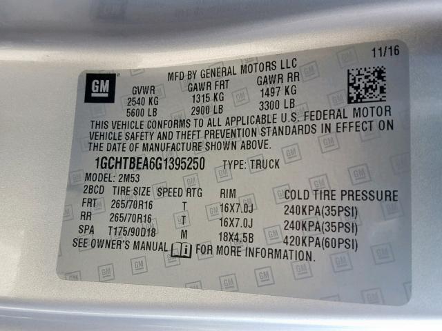 1GCHTBEA6G1395250 - 2016 CHEVROLET COLORADO SILVER photo 10