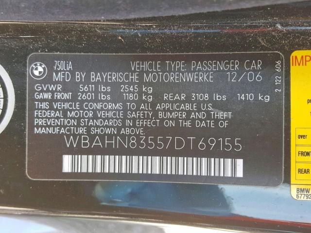 WBAHN83557DT69155 - 2007 BMW 750 BLACK photo 10