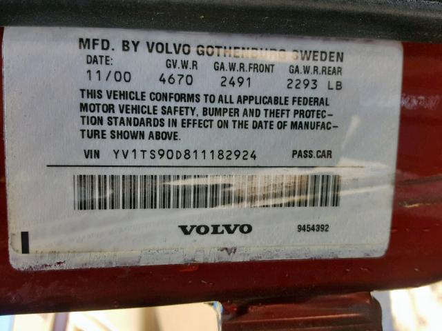 YV1TS90D811182924 - 2001 VOLVO S80 T6 MAROON photo 10