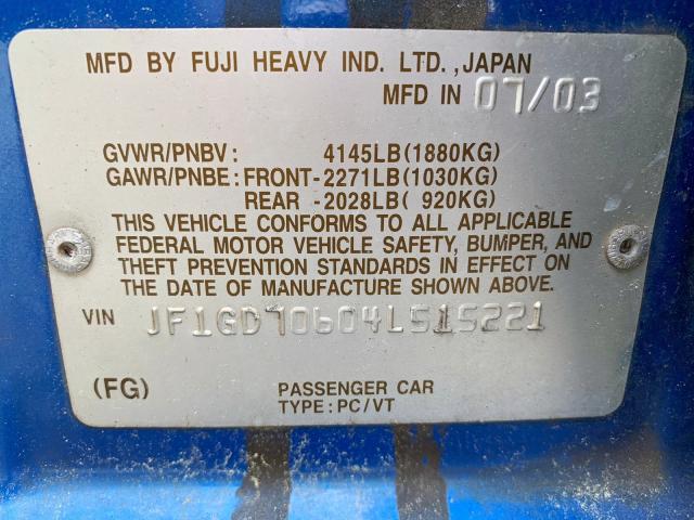 JF1GD70604L515221 - 2004 SUBARU IMPREZA WR BLUE photo 9