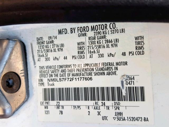 NM0LS7F72F1177606 - 2015 FORD TRANSIT CO WHITE photo 10