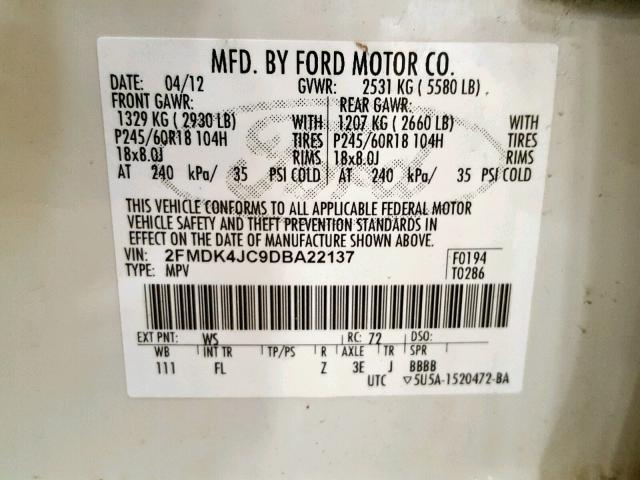 2FMDK4JC9DBA22137 - 2013 FORD EDGE SEL WHITE photo 10