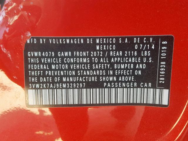 3VW2K7AJ9EM329297 - 2014 VOLKSWAGEN JETTA BASE RED photo 10