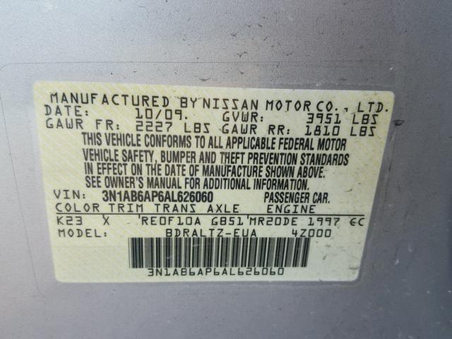 3N1AB6AP6AL626060 - 2010 NISSAN SENTRA 2.0 SILVER photo 10