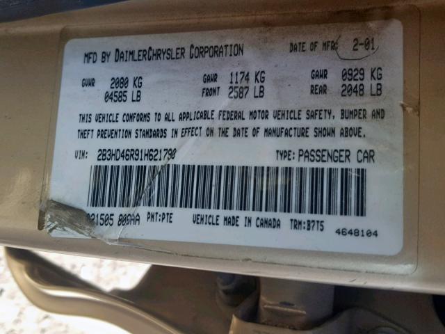 2B3HD46R91H621790 - 2001 DODGE INTREPID S 金色 照片 10