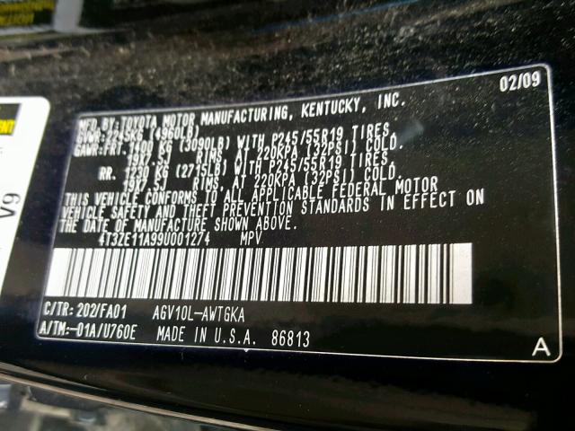 4T3ZE11A99U001274 - 2009 TOYOTA VENZA BLACK photo 10