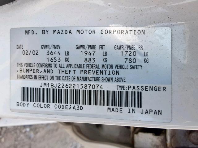 JM1BJ226221587074 - 2002 MAZDA PROTEGE DX WHITE photo 10