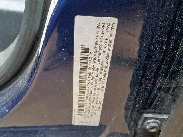 3VW2K7AJ7BM104985 - 2011 VOLKSWAGEN JETTA BASE 蓝色 照片 10