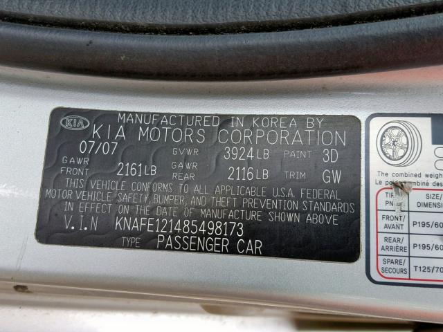 KNAFE121485498173 - 2008 KIA SPECTRA EX SILVER photo 10