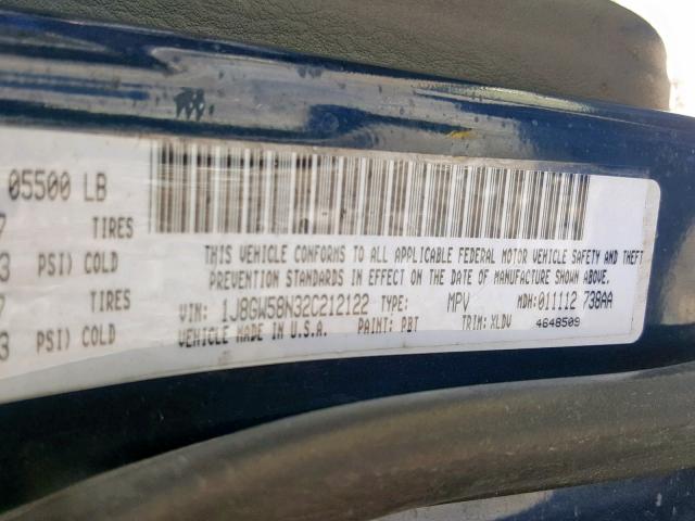 1J8GW58N32C212122 - 2002 JEEP GRAND CHER BLUE photo 10