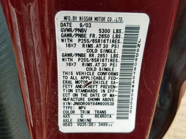 JN8DR09Y84W900538 - 2004 NISSAN PATHFINDER BURGUNDY photo 10