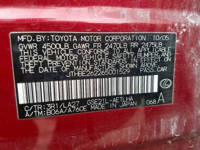 JTHBE262265001529 - 2006 LEXUS IS 350 RED photo 10