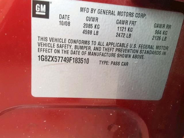 1G8ZX57749F183510 - 2009 SATURN AURA XR RED photo 10