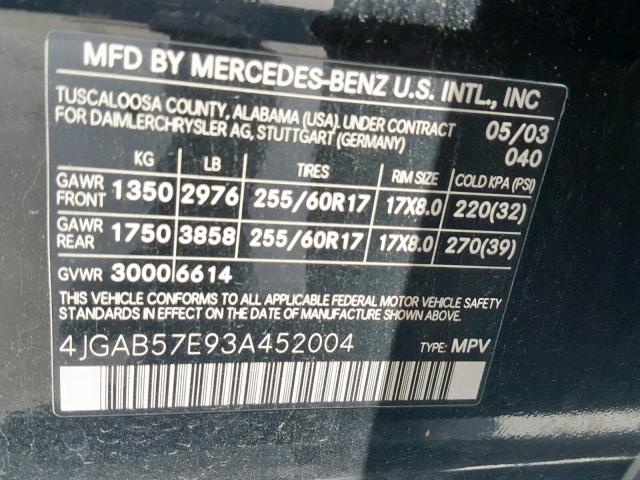 4JGAB57E93A452004 - 2003 MERCEDES-BENZ ML 350 BLACK photo 10