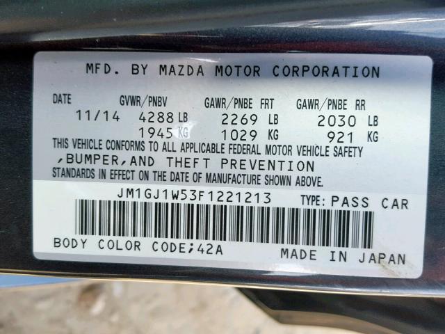 JM1GJ1W53F1221213 - 2015 MAZDA 6 GRAND TO GRAY photo 10