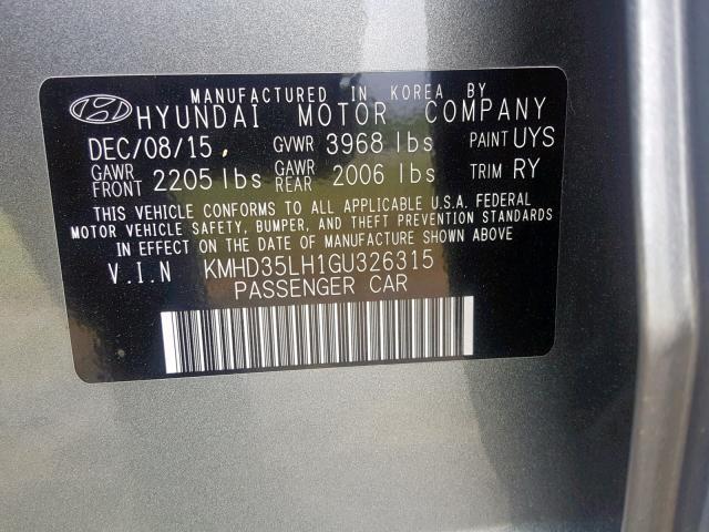 KMHD35LH1GU326315 - 2016 HYUNDAI ELANTRA GT GRAY photo 10