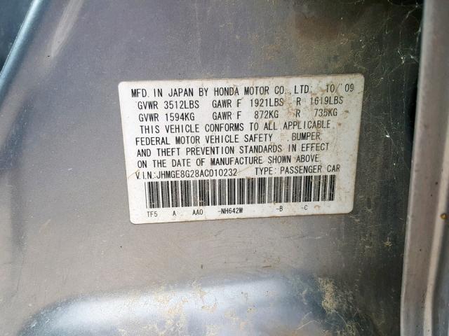 JHMGE8G28AC010232 - 2010 HONDA FIT GRAY photo 10