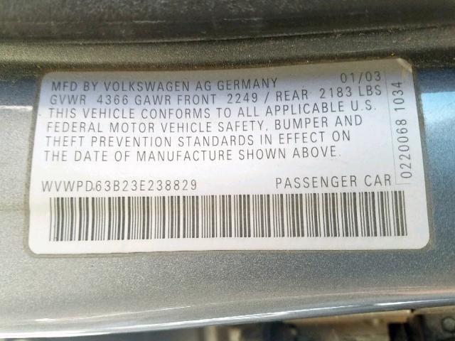 WVWPD63B23E238829 - 2003 VOLKSWAGEN PASSAT GLS GRAY photo 10