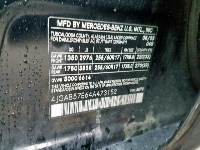 4JGAB57E64A473152 - 2004 MERCEDES-BENZ ML 350 BLACK photo 10