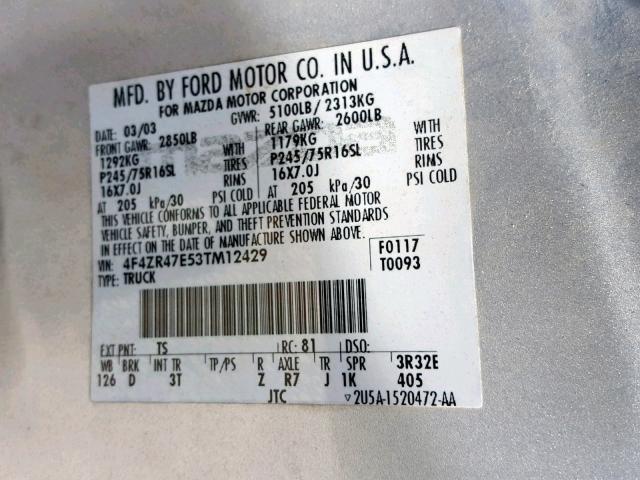 4F4ZR47E53TM12429 - 2003 MAZDA B4000 CAB SILVER photo 10