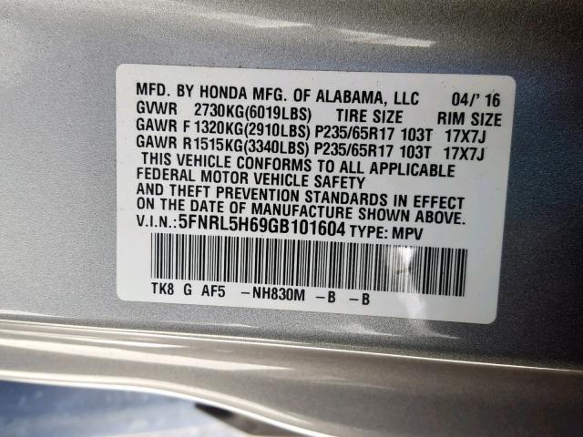 5FNRL5H69GB101604 - 2016 HONDA ODYSSEY EX SILVER photo 10