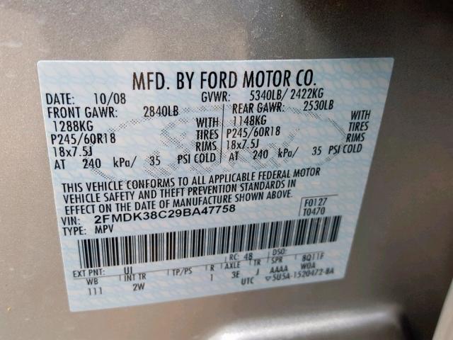 2FMDK38C29BA47758 - 2009 FORD EDGE SEL SILVER photo 10