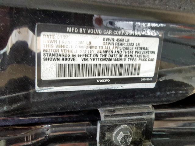 YV1TS592861443910 - 2006 VOLVO S80 2.5T BLACK photo 10