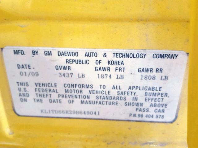 KL1TD66E29B649041 - 2009 CHEVROLET AVEO LS YELLOW photo 10