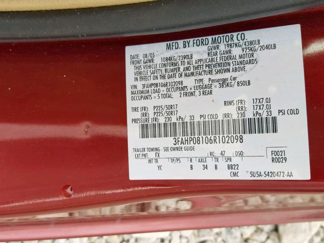 3FAHP08106R102098 - 2006 FORD FUSION SEL RED photo 10