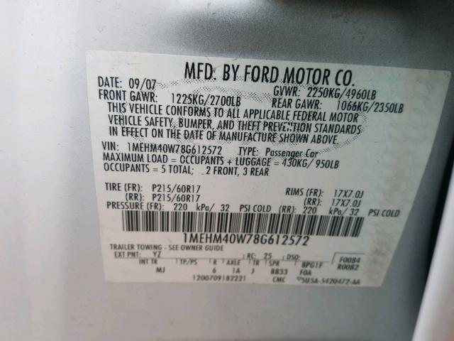 1MEHM40W78G612572 - 2008 MERCURY SABLE LUXU WHITE photo 10